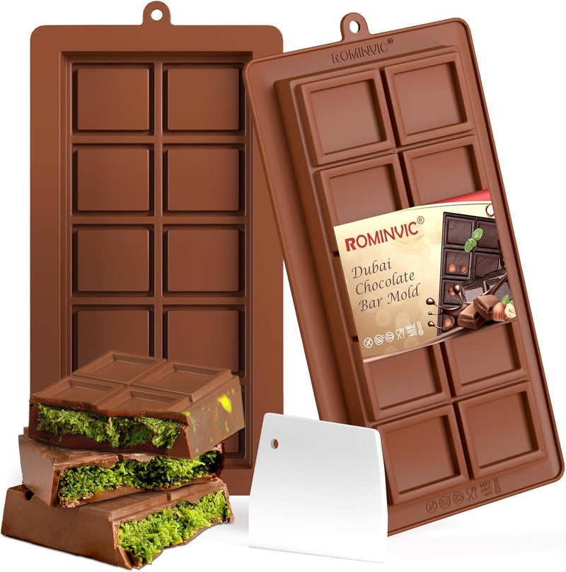 ROMINVIC Dubai Chocolate Mold 2 Pack,0.79 Inch Deep Large and Thick Silicone Chocolate Bar Molds and scraper for Stuffed Bar,Big Chocolate Candy Bar Mold for Filling Knafeh Pistachio Kit - Image 1