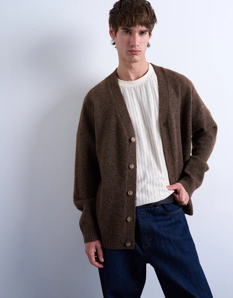 TOPMAN Oversize V Neck Cardigan In Brown
