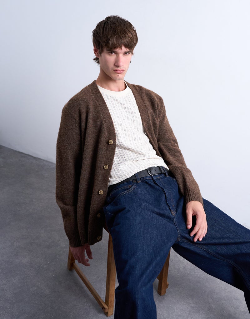 TOPMAN Oversize V Neck Cardigan In Brown - Image 4