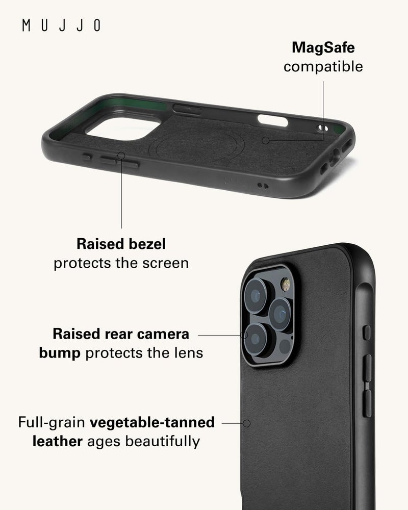 Mujjo Shield Case for iPhone 16 Pro Max – Ultra-Thin Premium Velore Leather Case – MagSafe Compatible – Military-Grade Drop Protection for Ultimate Impact Resistance - Black - Image 2