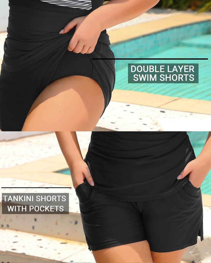 Daci Plus Size Tankini Swimsuit for Women - Two Piece Tummy Control Bathing Suit Tankini Top with Two Pockets Shorts Black Striped 16 Plus - Image 4