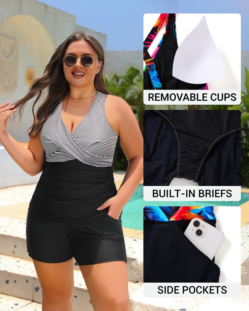 Daci Plus Size Tankini Swimsuit for Women - Two Piece Tummy Control Bathing Suit Tankini Top with Two Pockets Shorts Black Striped 16 Plus - Image 5