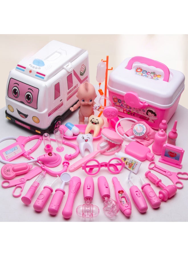 مجموعة ألعاب الطبيب للأطفال، صندوق الأدوات الطبية، سماعة الطبيب، حقن الطفل، سيارة إسعاف طبية - اللون: W مجموعة ألعاب الطبيب مكونة من 39 قطعة أزرق/22*13*17.5 سم-500 جرام - Image 2