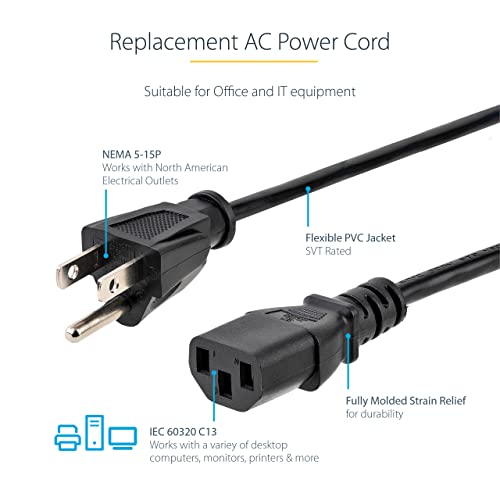 StarTech.com 20ft (6m) Computer Power Cord, NEMA 5-15P to C13, 10A 125V, 18AWG, Black Replacement AC Power Cord, Printer Power Cord, PC Power Supply Cable, Monitor Power Cable - UL Listed (PXT10120) - Image 4