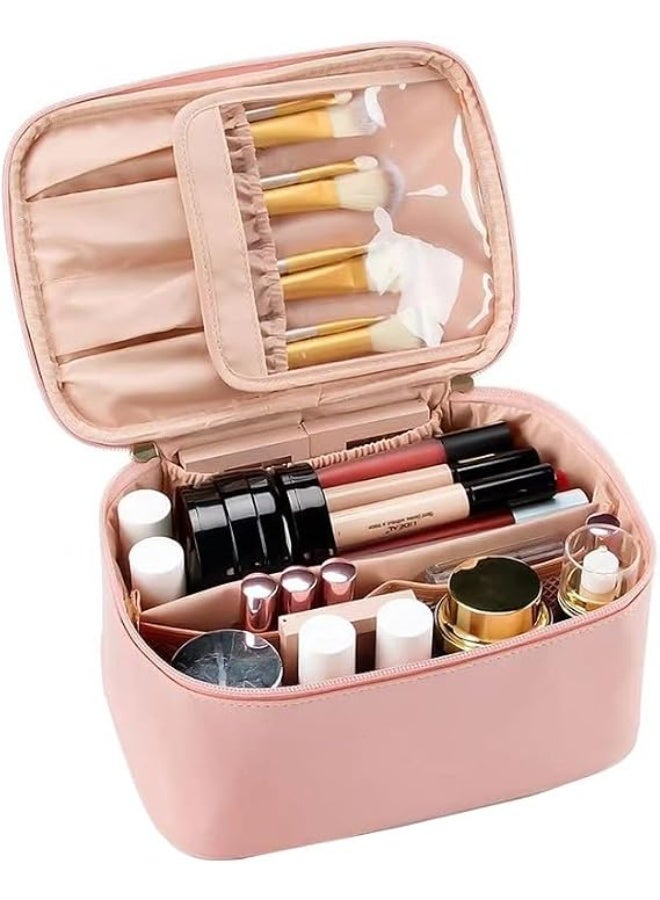Makeup Bag, Portable Cosmetic Bag, Large Capacity Travel Makeup Case Organizer,  pink Makeup Bags For Women Toiletry Bag for Girls Traveling With Handle and Divider - Image 1