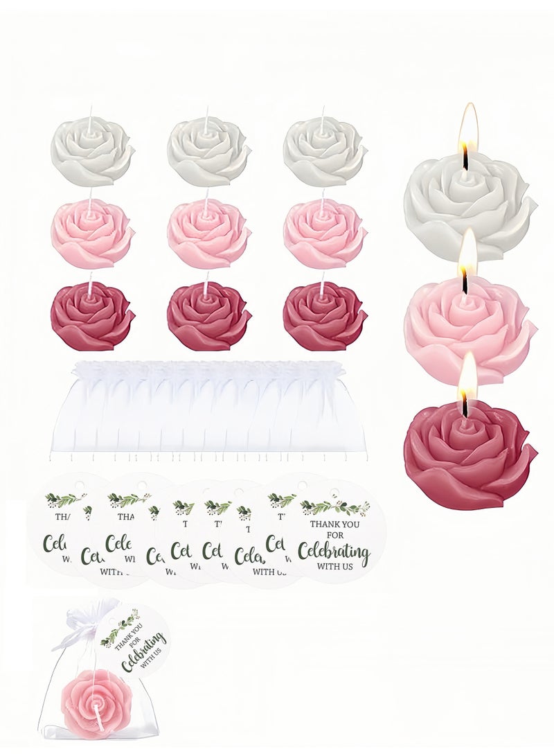9Pcs Mixed Color Rose Scented Candle Gift Set (3 Red, 3 Pink, 3 White) with Organza Bags & Cards, Smokeless Aromatherapy Candles, Wedding Table Party Favors - Image 1