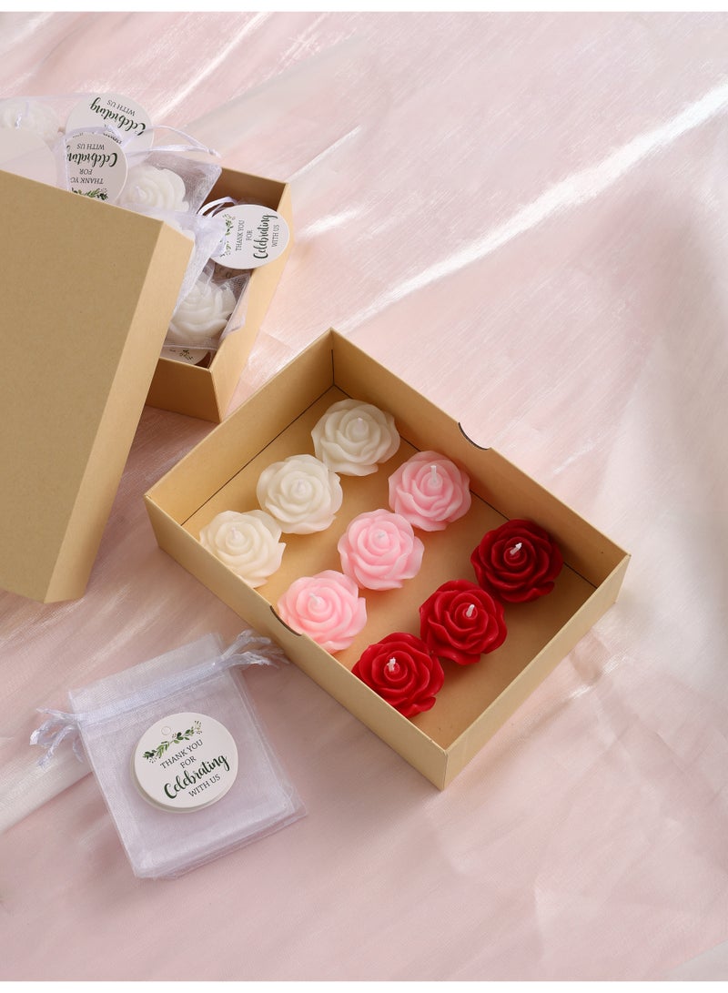 9Pcs Mixed Color Rose Scented Candle Gift Set (3 Red, 3 Pink, 3 White) with Organza Bags & Cards, Smokeless Aromatherapy Candles, Wedding Table Party Favors - Image 2