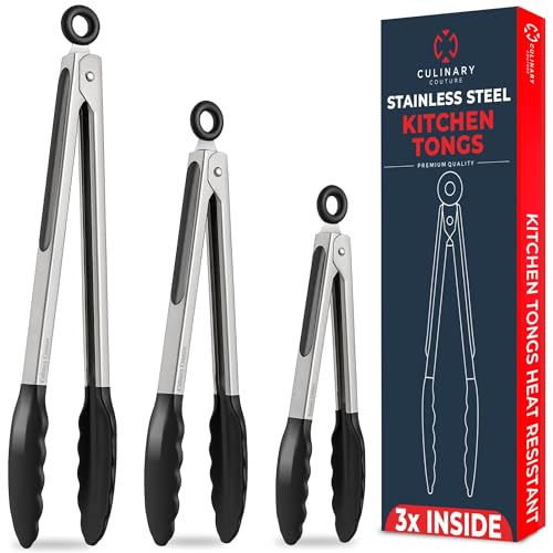 Culinary Couture Kitchen Tongs for Cooking with Silicone Tips, Heat Resistant Tongs for Serving Food, 7-Inch, 9-Inch, 12-Inch Locking Silicone Tong, Set of 3 Salad Tong, Black Kitchen Utensils - Image 1