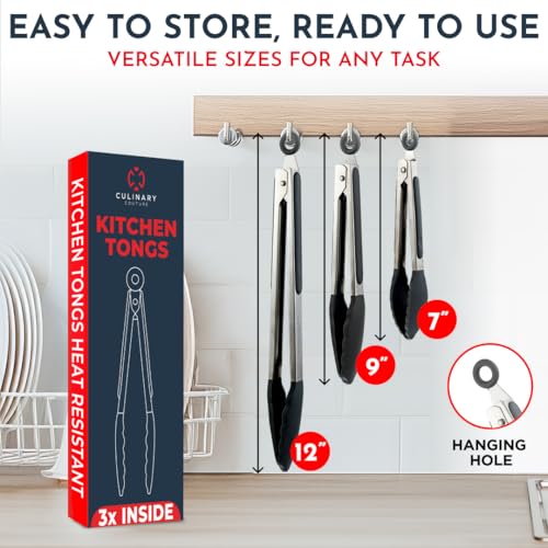 Culinary Couture Kitchen Tongs for Cooking with Silicone Tips, Heat Resistant Tongs for Serving Food, 7-Inch, 9-Inch, 12-Inch Locking Silicone Tong, Set of 3 Salad Tong, Black Kitchen Utensils - Image 2