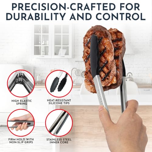 Culinary Couture Kitchen Tongs for Cooking with Silicone Tips, Heat Resistant Tongs for Serving Food, 7-Inch, 9-Inch, 12-Inch Locking Silicone Tong, Set of 3 Salad Tong, Black Kitchen Utensils - Image 3