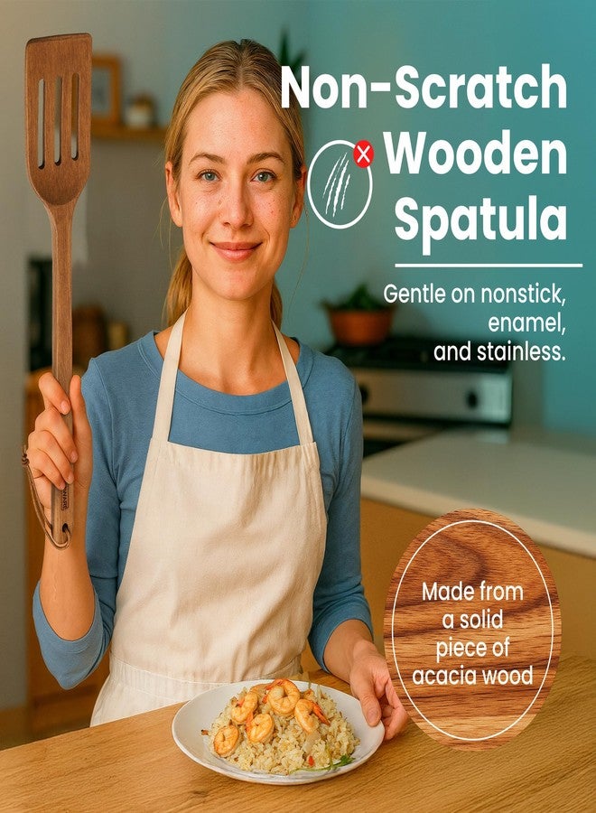 MAGNAWARE 18 Inch Long Wooden Slotted Spoon for Cooking, Acacia Wood Spoon with Holes (Spatula) - Image 2