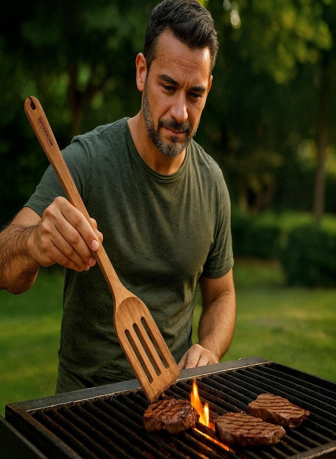 MAGNAWARE 18 Inch Long Wooden Slotted Spoon for Cooking, Acacia Wood Spoon with Holes (Spatula) - Image 5