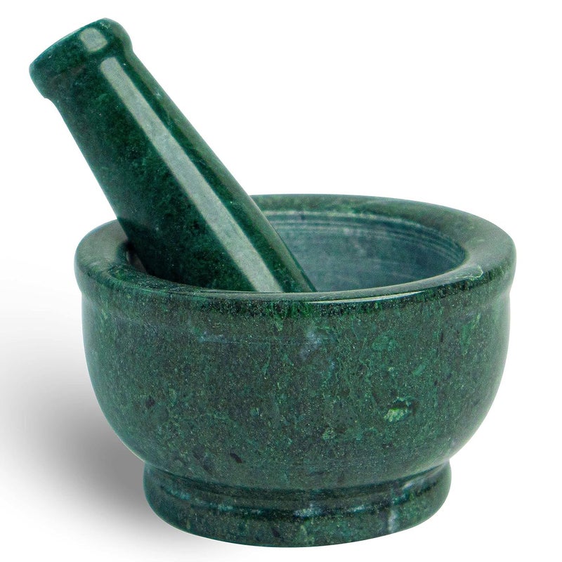 ZIG-ZAG 4 Inch Natural Granite Marble Mortar and Pestle Set Solid Green Stone Marble Grinder for Guacamole, Herbs, Spices, Medicine - Image 1