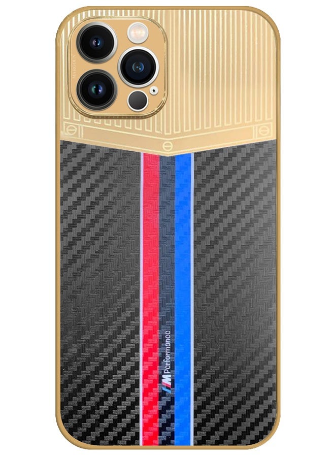 CATANES Luxury Gold Plated Case for iPhone 12 Pro Max - Hybrid Electroplated Frame Back Cover with Carbon Fiber Texture - Racing Stripe Pattern Black - Image 1