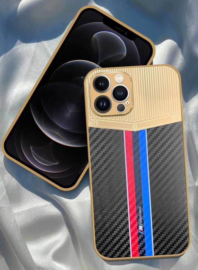 CATANES Luxury Gold Plated Case for iPhone 12 Pro Max - Hybrid Electroplated Frame Back Cover with Carbon Fiber Texture - Racing Stripe Pattern Black - Image 2