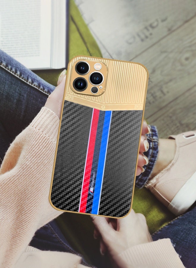 CATANES Luxury Gold Plated Case for iPhone 12 Pro Max - Hybrid Electroplated Frame Back Cover with Carbon Fiber Texture - Racing Stripe Pattern Black - Image 5