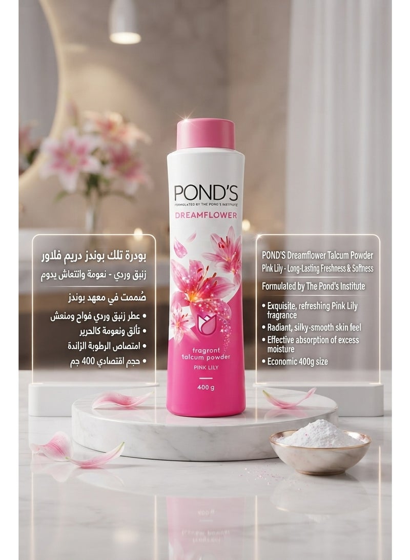 POND'S Dreamflower Pink Lily Fragrance Talcum Powder 400 g Cooling Fresh Talc for Face & Body - For Men & Women - Image 2
