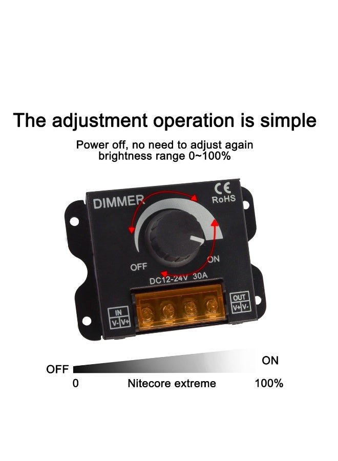 12V to 24V 30A LED Dimmer Controller with PWM, Adjustable Brightness and ON/OFF Switch for 5050/3528 Light Strips, Durable Aluminum Case - Image 3