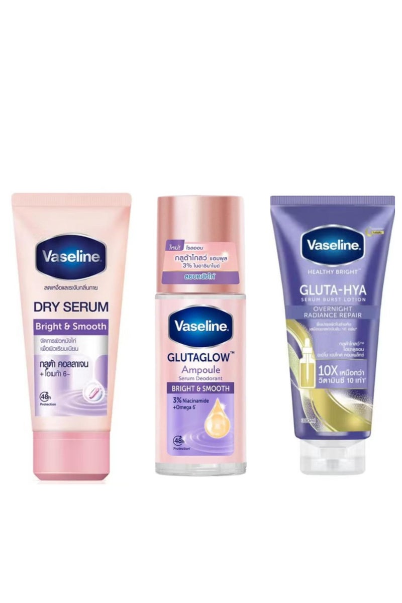 Vaseline The Best Set For Body Three Pcs Healthy Bright Gluta HYA Burst Night Serum Lotion 300 ml+Deodorant Bright And Smooth Dry Serum 45ml+Roll On Glutaglow Bright And Smooth Ampoule Serum Deodorant 45 ml
