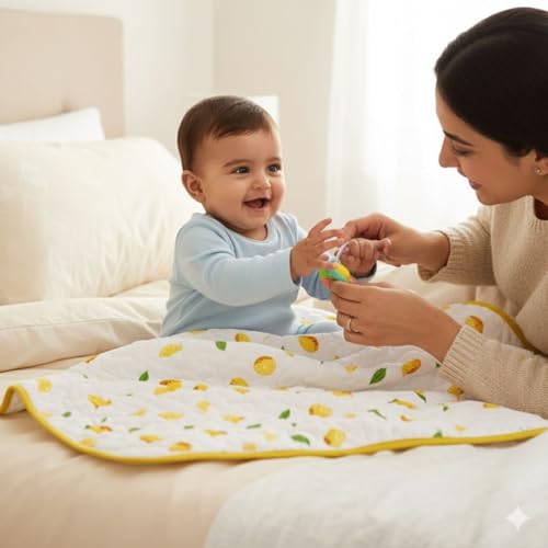 MOM'S HOME Organic Cotton All Season Baby Quilt | Light Weight | Soft | Perfect for Light Winters | 100x120 cm | 0-3 Year | Lemon | Reversible - Image 3
