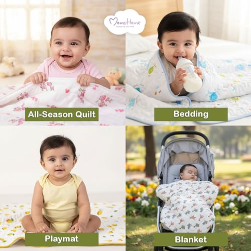 MOM'S HOME Organic Cotton All Season Baby Quilt | Light Weight | Soft | Perfect for Light Winters | 100x120 cm | 0-3 Year | Lemon | Reversible - Image 5