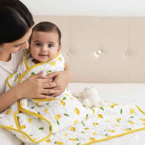 MOM'S HOME Organic Cotton All Season Baby Quilt | Light Weight | Soft | Perfect for Light Winters | 100x120 cm | 0-3 Year | Lemon | Reversible - Image 2