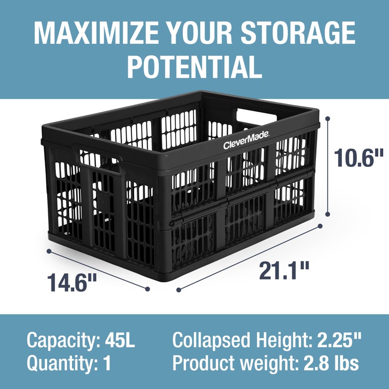 CleverMade Collapsible Utility Crates-Obsidian 3pck 45L / 11 Gal holds 66 lbs - Stackable Containers Heavy Duty Capacity Crates Space-Saving Baskets - Image 4
