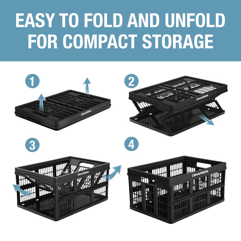 CleverMade Collapsible Utility Crates-Obsidian 3pck 45L / 11 Gal holds 66 lbs - Stackable Containers Heavy Duty Capacity Crates Space-Saving Baskets - Image 5