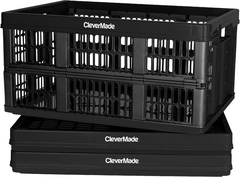 CleverMade Collapsible Utility Crates-Obsidian 3pck 45L / 11 Gal holds 66 lbs - Stackable Containers Heavy Duty Capacity Crates Space-Saving Baskets - Image 1