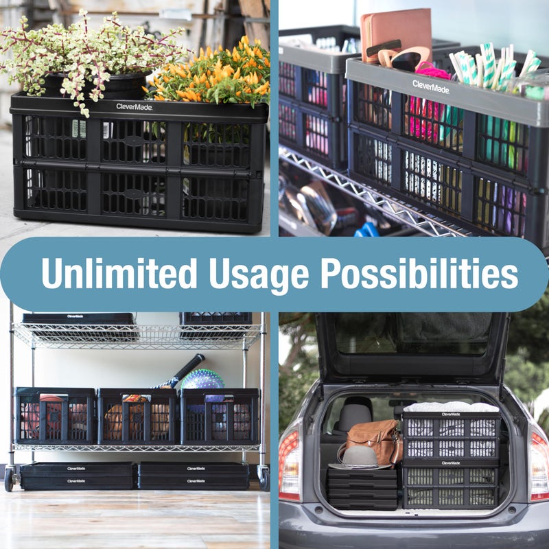 CleverMade Collapsible Utility Crates-Obsidian 3pck 45L / 11 Gal holds 66 lbs - Stackable Containers Heavy Duty Capacity Crates Space-Saving Baskets - Image 2