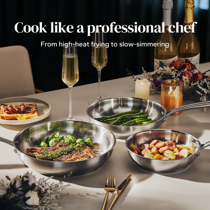 Redchef Stainless Steel Frying Pan Set, Induction Kitchen Cookware Set, Non-Toxic Uncoated Skillets for Searing & Cooking, Oven Safe Stainless Steel Cookware Set, 3-Piece (8", 9.5", 11") - Image 4