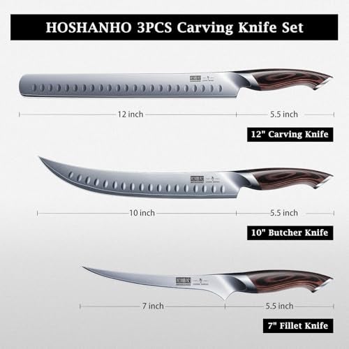 HOSHANHO Carving Knife Set 3PCS, Japanese High Carbon Steel Brisket Slicing Knife Sets with Ergonomic Pakkawood Handle, Butcher Knife Breaking Knife Boning Knife for Meat Cutting - Image 4