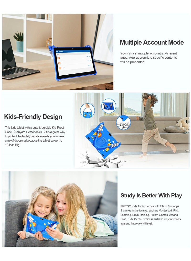 PRITOM 10 inch WiFi Kids Tablet, Android 13 Tablet for Kids, Toddler Tablet with Shockproof Case, Parental Control, 6000mAh, 2GB RAM, 64GB ROM, HD IPS Touch Screen, Dual Camera , Google Play, YouTube(Blue) - Image 3
