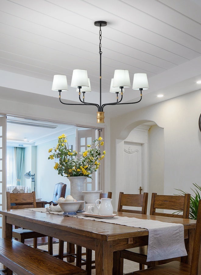 ERENYEA Modern Chandelier with 6 White Shades, Black Metal Arms, Gold Accent, Dining Room Ceiling Light Fixture - Image 1
