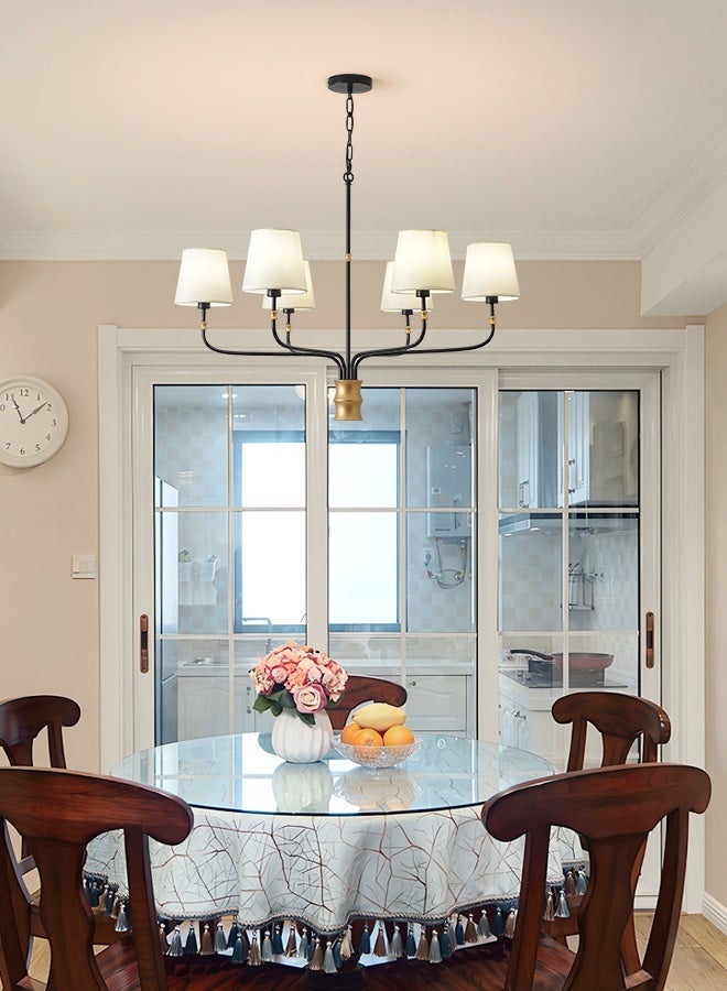 ERENYEA Modern Chandelier with 6 White Shades, Black Metal Arms, Gold Accent, Dining Room Ceiling Light Fixture - Image 3