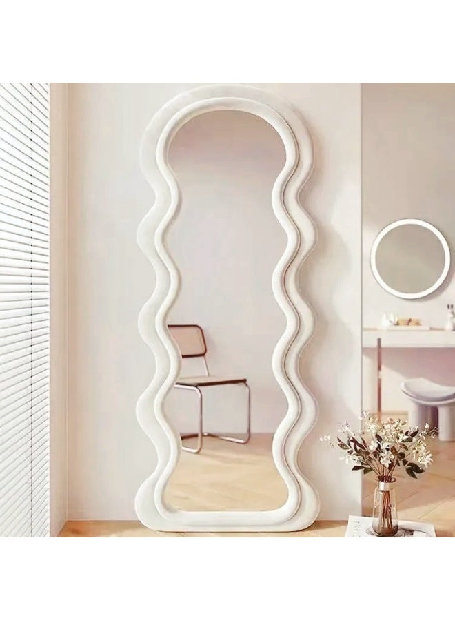 ايست من نون مرآة قائمة بطول كامل بإطار مخملي على شكل موجة، مرآة قائمة HD مدورة، مرآة لتزيين الملابس في مدخل غرفة المعيشة، L170 x W70 سم، غرفة المعيشة - Image 1