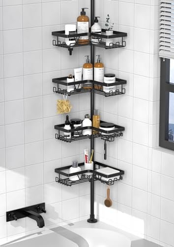 KEGII Corner Shower Caddy Tension Pole  Shower Tension Rod Organizer Floor to Ceiling Shower Caddy 251142 inch Towel Rack Corner Waterproof Black