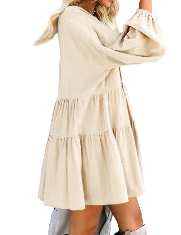 FANCYINN Long Sleeve Shift Tunic Dress Ruffle Swing Babydoll Juniors Mini Tiered Dress with Pockets Beige XS - Image 2