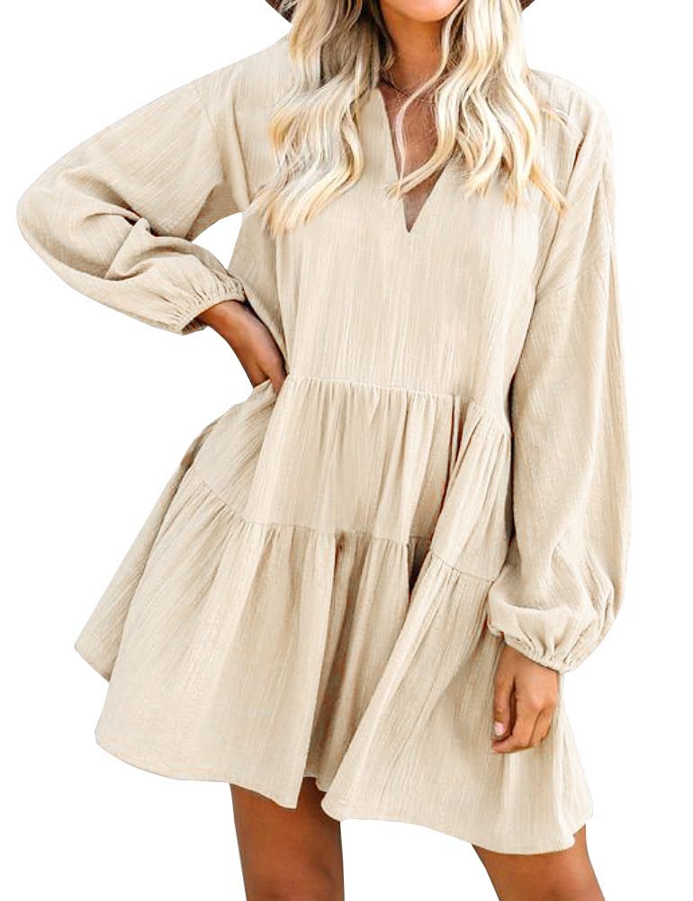 FANCYINN Long Sleeve Shift Tunic Dress Ruffle Swing Babydoll Juniors Mini Tiered Dress with Pockets Beige XS - Image 1