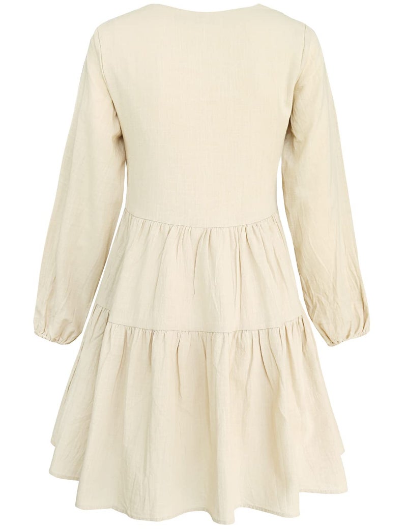 FANCYINN Long Sleeve Shift Tunic Dress Ruffle Swing Babydoll Juniors Mini Tiered Dress with Pockets Beige XS - Image 5