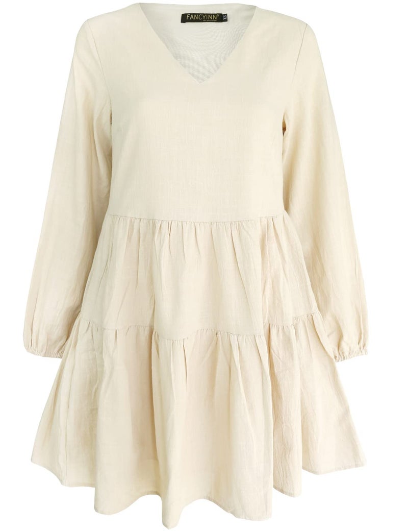 FANCYINN Long Sleeve Shift Tunic Dress Ruffle Swing Babydoll Juniors Mini Tiered Dress with Pockets Beige XS - Image 4