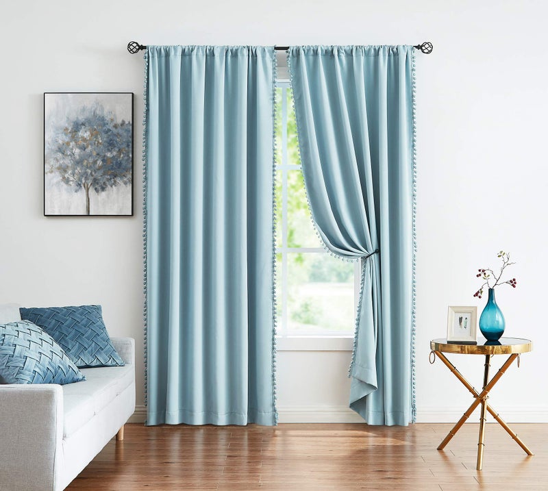 Treatmentex Blue Pompom Curtains for Bedroom Living Room 95 inch Triple Weave Half Blackout Window Curtains for Hotel Men's Guest Room Drapes 52"" w x2 Panels Rod Pocket - Image 2