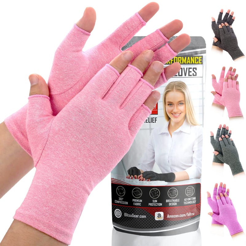 Compression Arthritis Gloves for Women and Men Fingerless Rheumatoid Arthritis Carpal Tunnel Pain Relief Gloves Hand Support Wrist Brace for Tendonitis Swelling Crocheting Typing Neuropathy Pink M