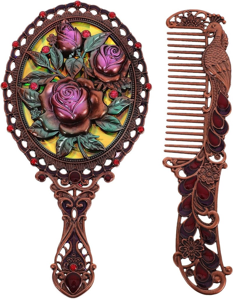 GALPADA Vintage Red Handheld Makeup Mirror and Comb Set, Wear-Resistant Metal Cosmetic Mirror for Travel and Dormitory Use with Hollow Rose Handle Design - Image 1
