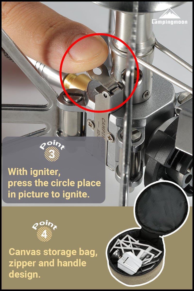 camping moon CAMPINGMOON Butane Camping Stove Portable Regulator Single Burner w/Storage Bag XD-3 (Silver w/igniter) - Image 4