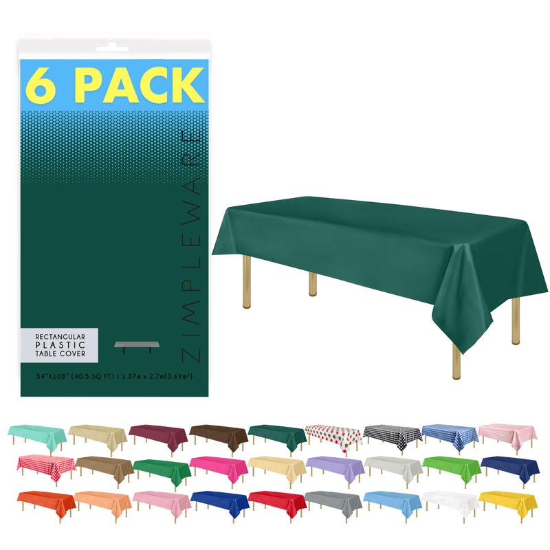 ZIMPLEWARE Premium Dark Green Plastic Table Cloth Disposable 6 Pk Plastic Tablecloths for Rectangle Tables 54in x 108in Party Table Cloths Disposable for 6ft to 8ft Rectangle Tables