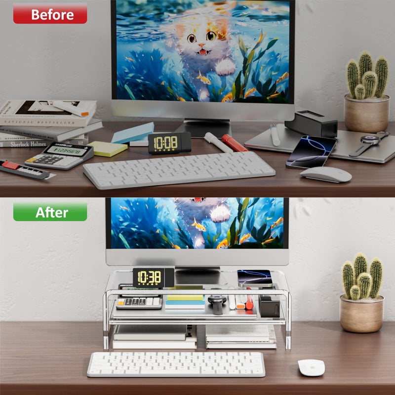 Egchi Clear Acrylic Monitor Stand Riser 2 Tier, 5.12 Inches High Clear Computer Desk Organizer Shelf for Multi Media PC Storage Laptop - Image 4