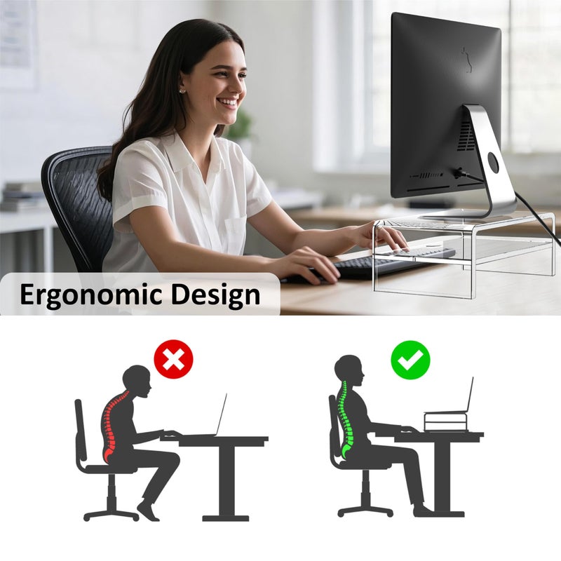 Egchi Clear Acrylic Monitor Stand Riser 2 Tier, 5.12 Inches High Clear Computer Desk Organizer Shelf for Multi Media PC Storage Laptop - Image 3