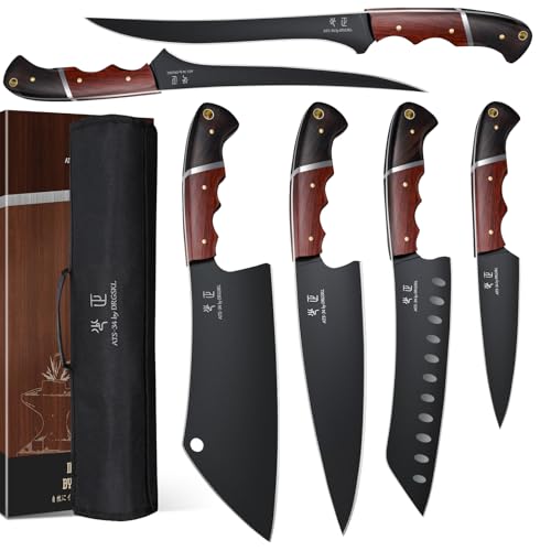 DRGSKL Kitchen Knife Set with Bag - 6 PCS Chef Knife Set - Cleaver, Boning, Fillet, Santoku, Kitchent Utility Knife, Chef Knife with Full Tang Wooden Handle, Butcher Knife Set for Men, Ideal Gift - Image 1