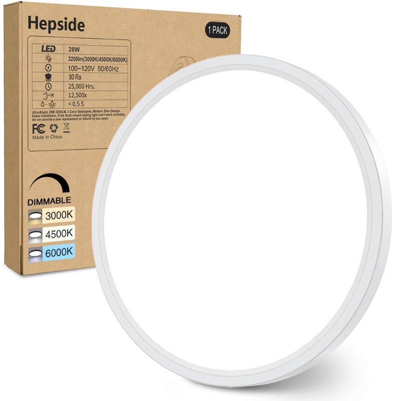 hepside 12Inch Flush Mount Light Fixture White, 28Watt, Dimmable & 3000K-4500K-6000K 3 Color Selectable Flush Ceiling Light Fixture 3200LM Low Profile Ceiling Light for Kitchen Bedroom Hallway Porch - Image 1